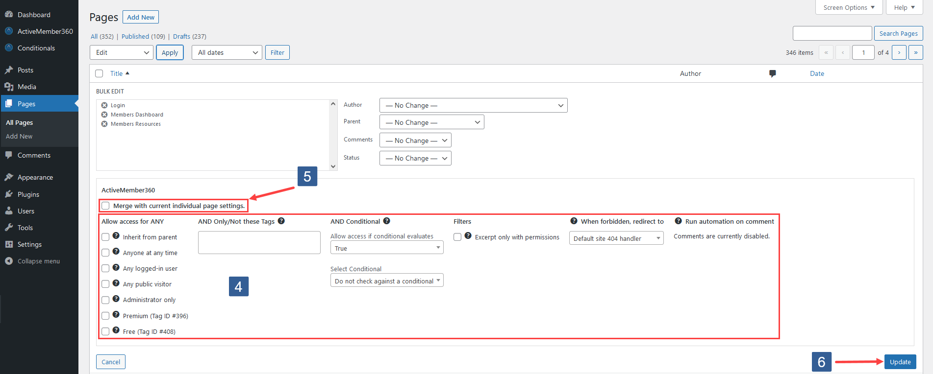 Steps for selecting the ActiveMember360 page/post settings to apply for the bulk edit