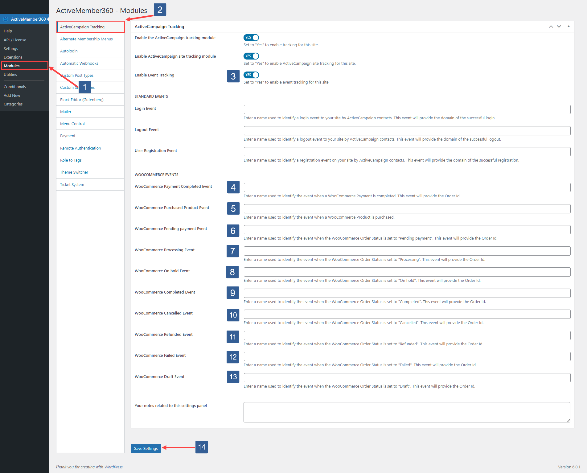 Steps to configure ActiveCampaign Tracking module for event tracking of WooCommerce events