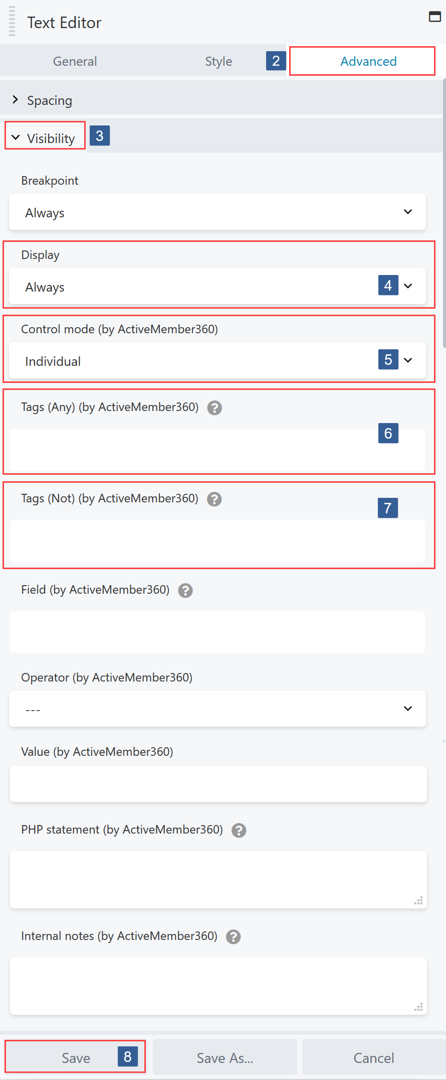 Steps for specifying visibility conditions for Beaver Builder Module/Column/Row based upon contact tags