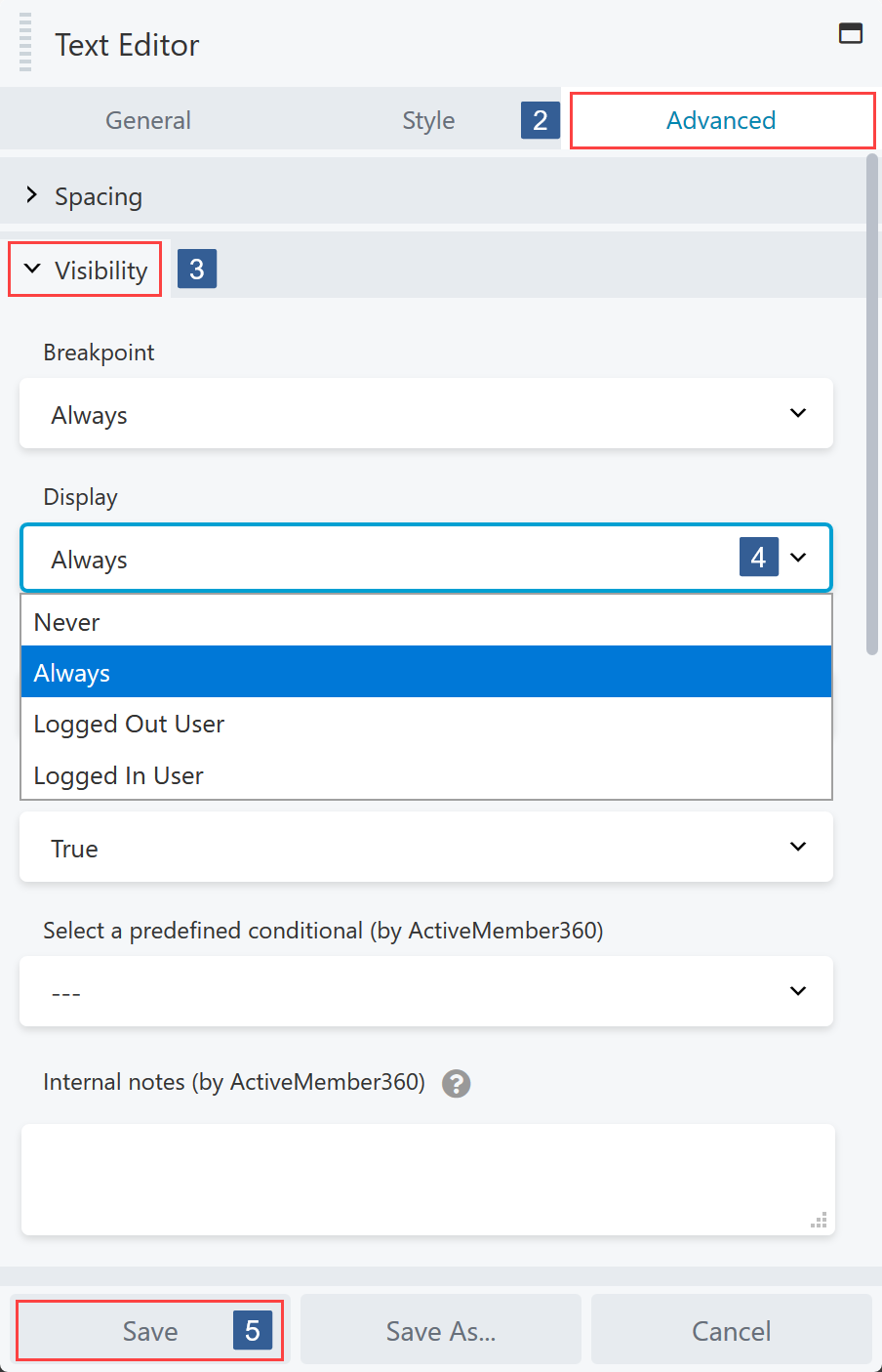 Steps for specifying Beaver Builder Module/Column/Row display settings