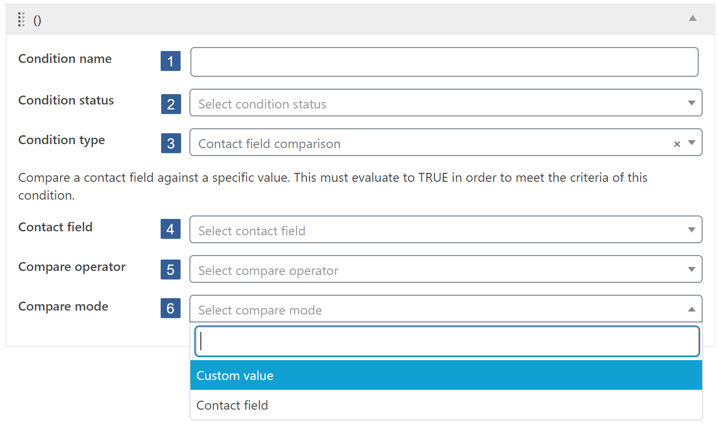 Steps for specifying contact field comparison condition