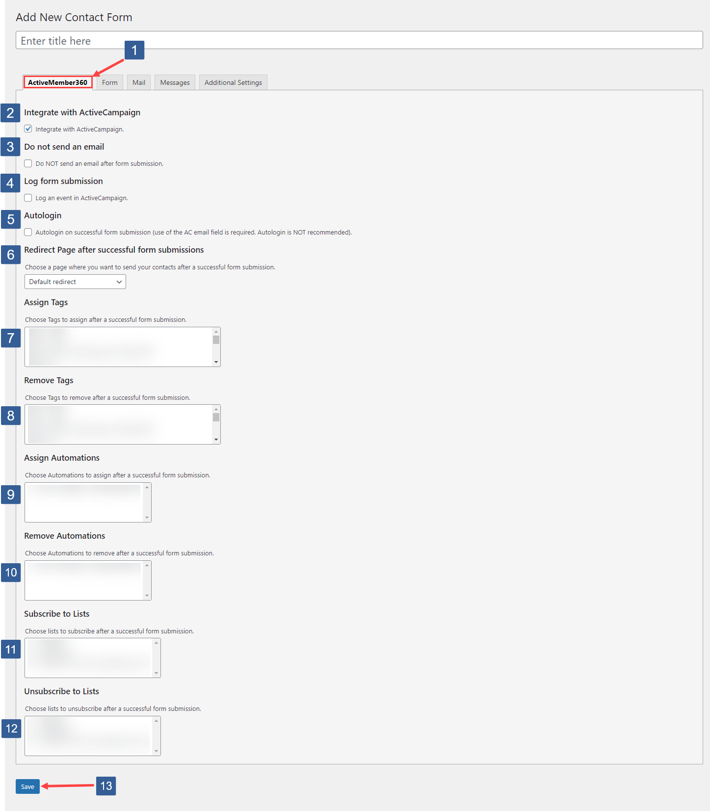 Steps for specifying ActiveMember360 form integration settings