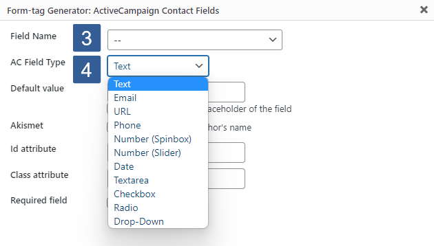 Steps for specifying form fields using ActiveCampaign contact fields