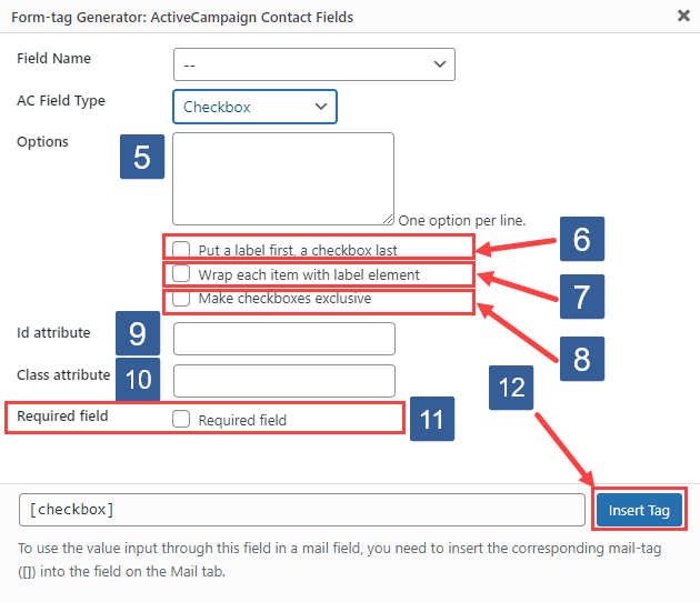 Steps for specifying checkbox form fields using ActiveCampaign contact fields