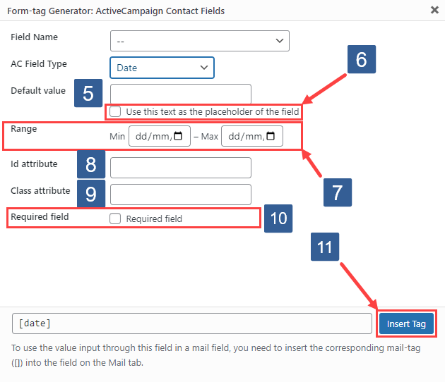 Steps for specifying number form fields using ActiveCampaign contact fields