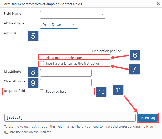 Steps for specifying drop down form fields using ActiveCampaign contact fields