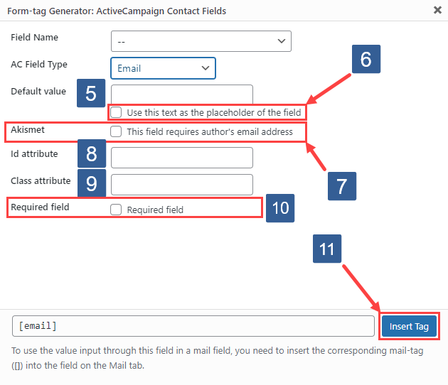 Steps for specifying text form fields using ActiveCampaign contact fields