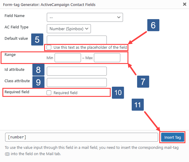 Steps for specifying text form fields using ActiveCampaign contact fields