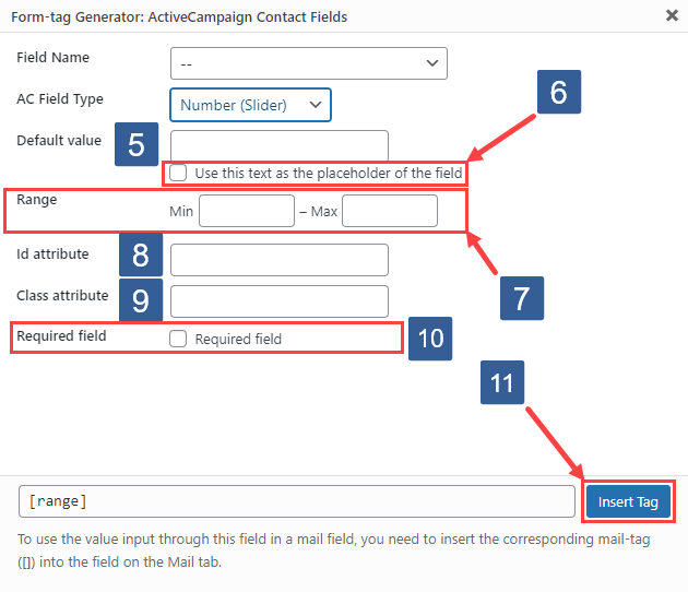 Steps for specifying text form fields using ActiveCampaign contact fields