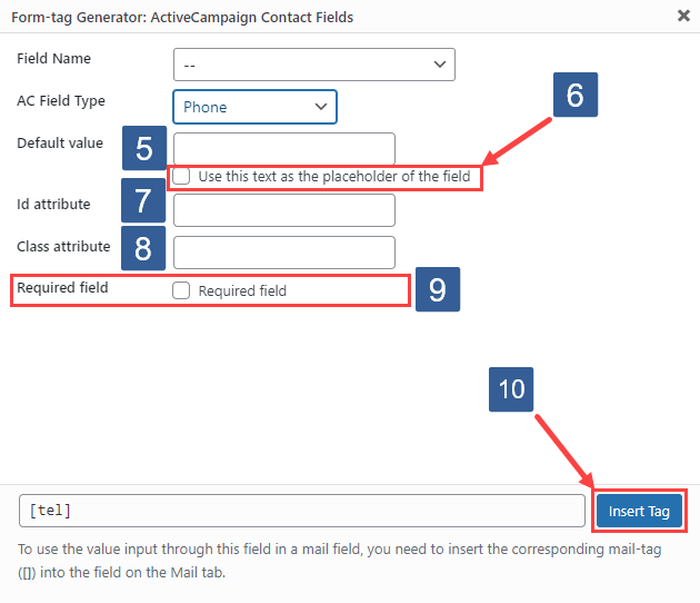 Steps for specifying text form fields using ActiveCampaign contact fields