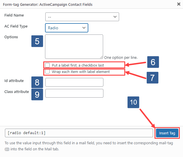 Steps for specifying radio form fields using ActiveCampaign contact fields