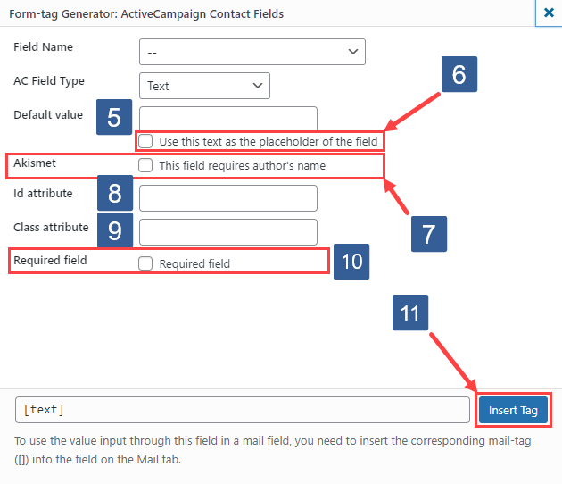 Steps for specifying text form fields using ActiveCampaign contact fields