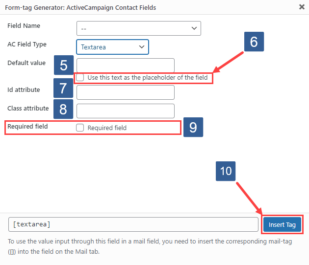 Steps for specifying text area form fields using ActiveCampaign contact fields