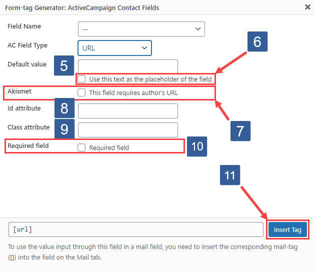 Steps for specifying text form fields using ActiveCampaign contact fields