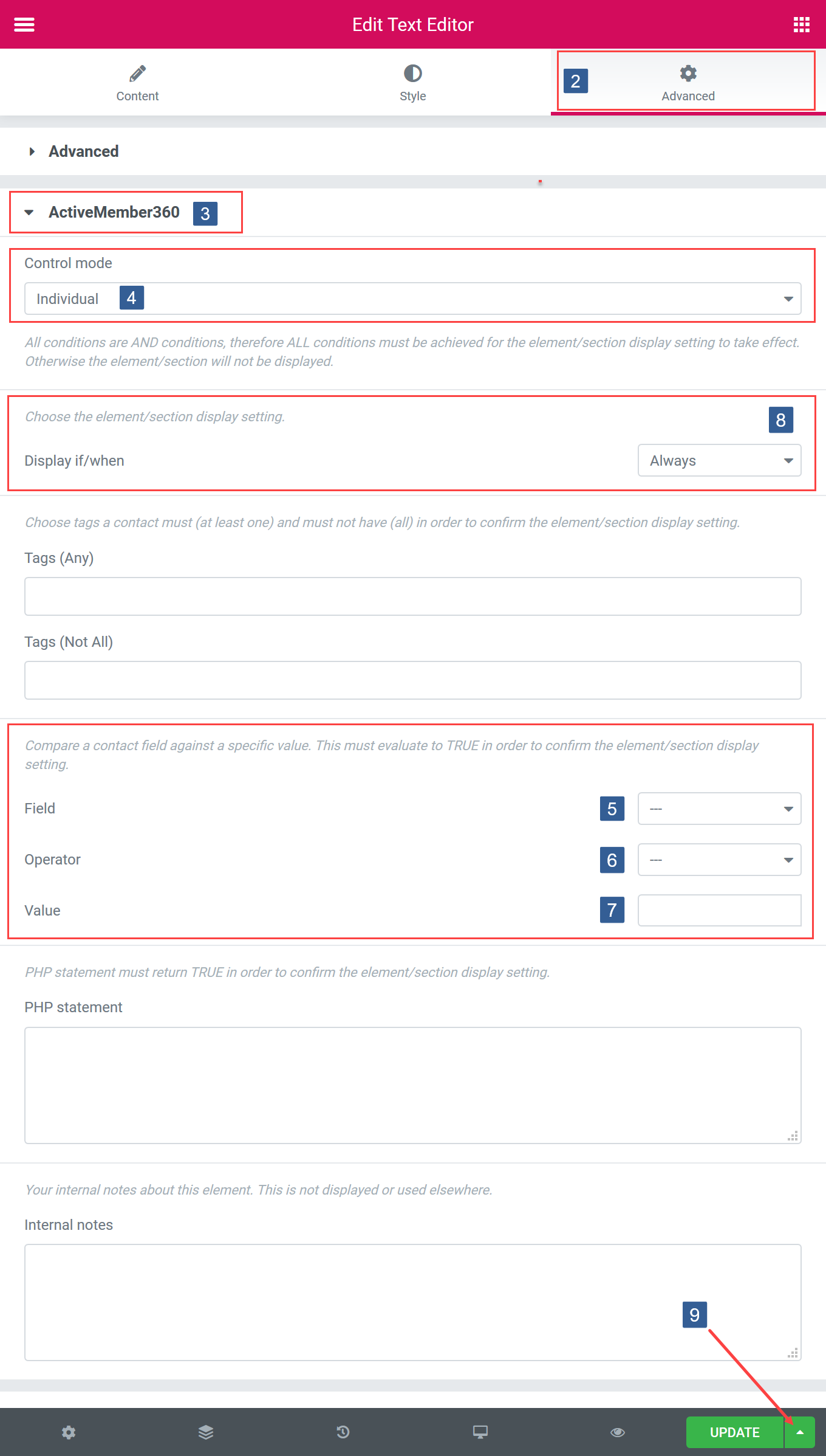 Steps for specifying conditions for Elementor Widget/Container/Section display based upon contact field value