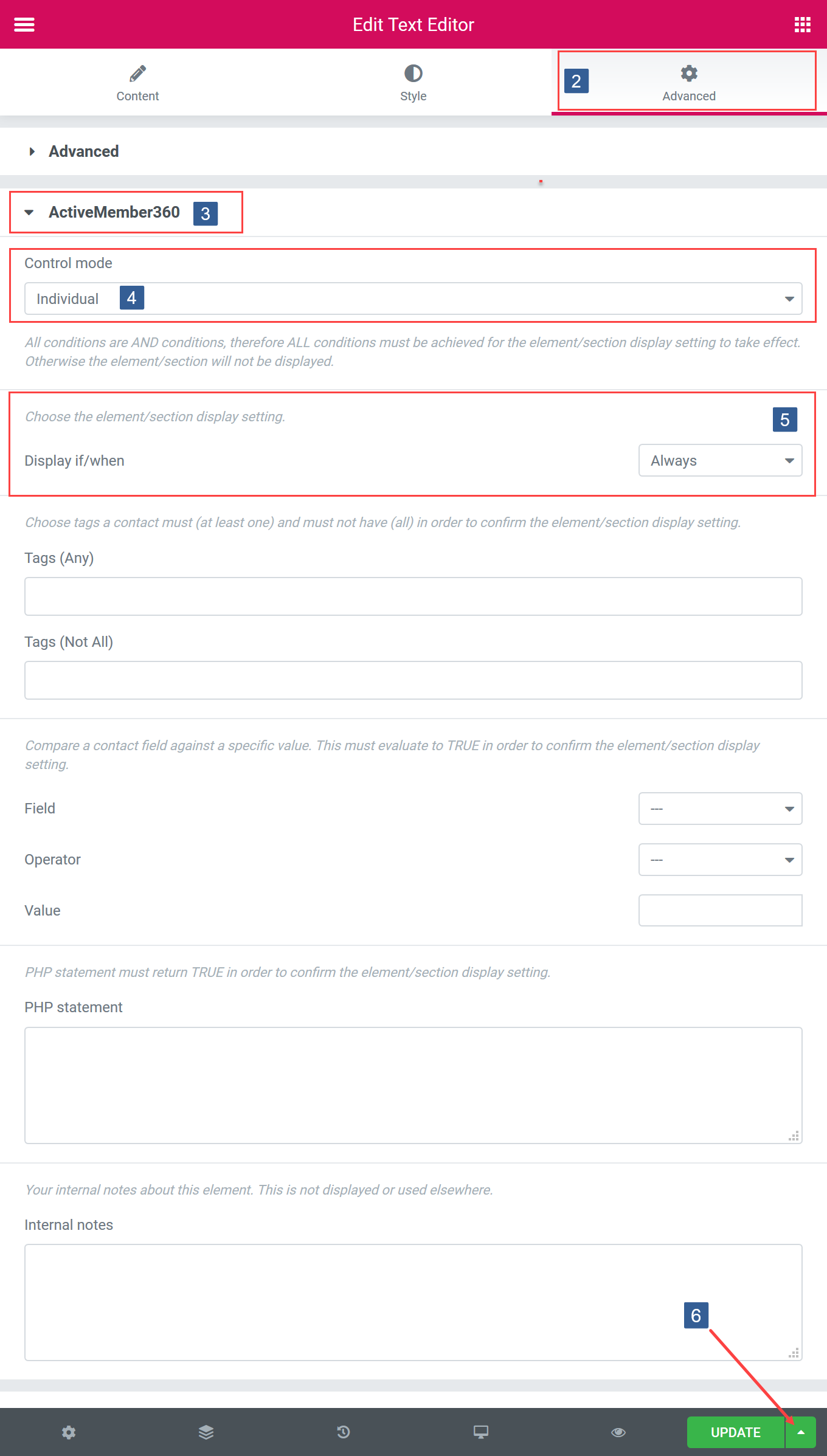 Steps for specifying Elementor Widget/Container/Section display settings