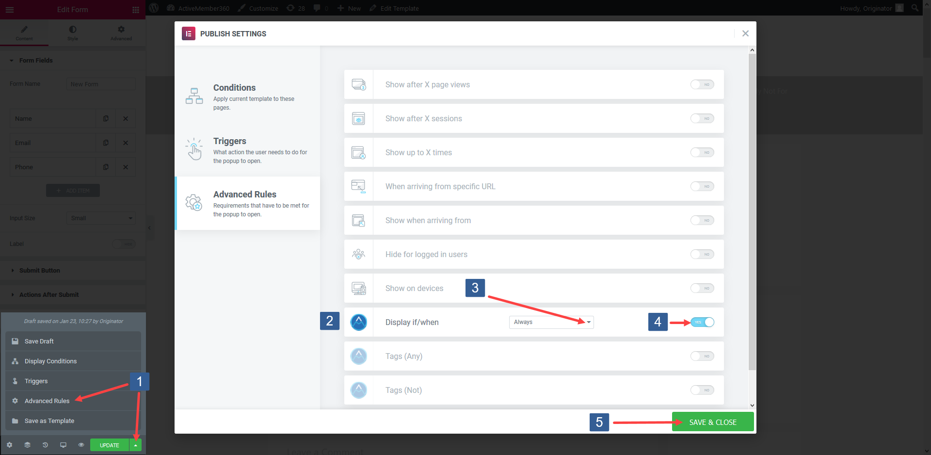 Steps for specifying Elementor Popup display settings