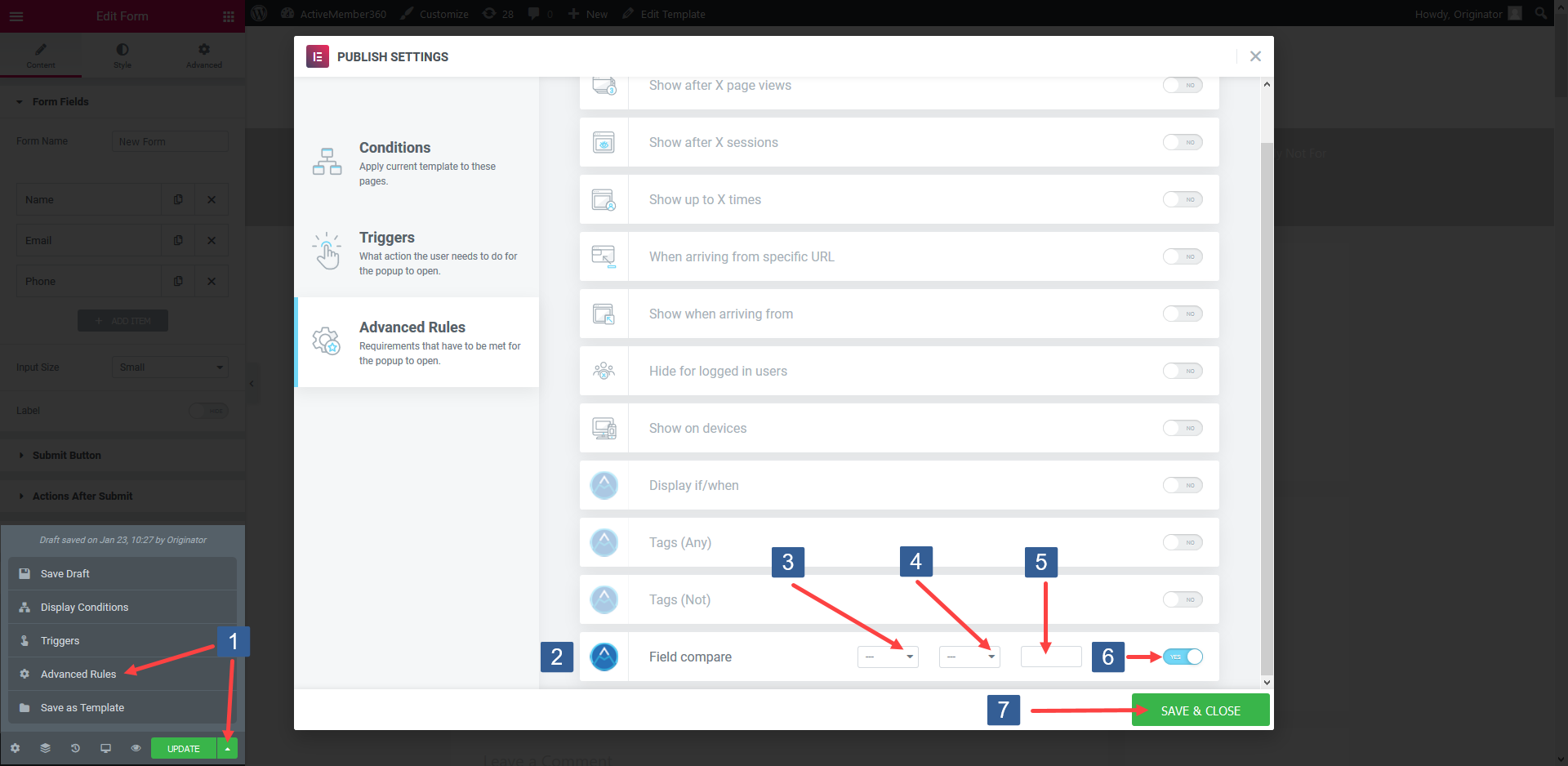 Steps for specifying Elementor Popup display based upon contact field value