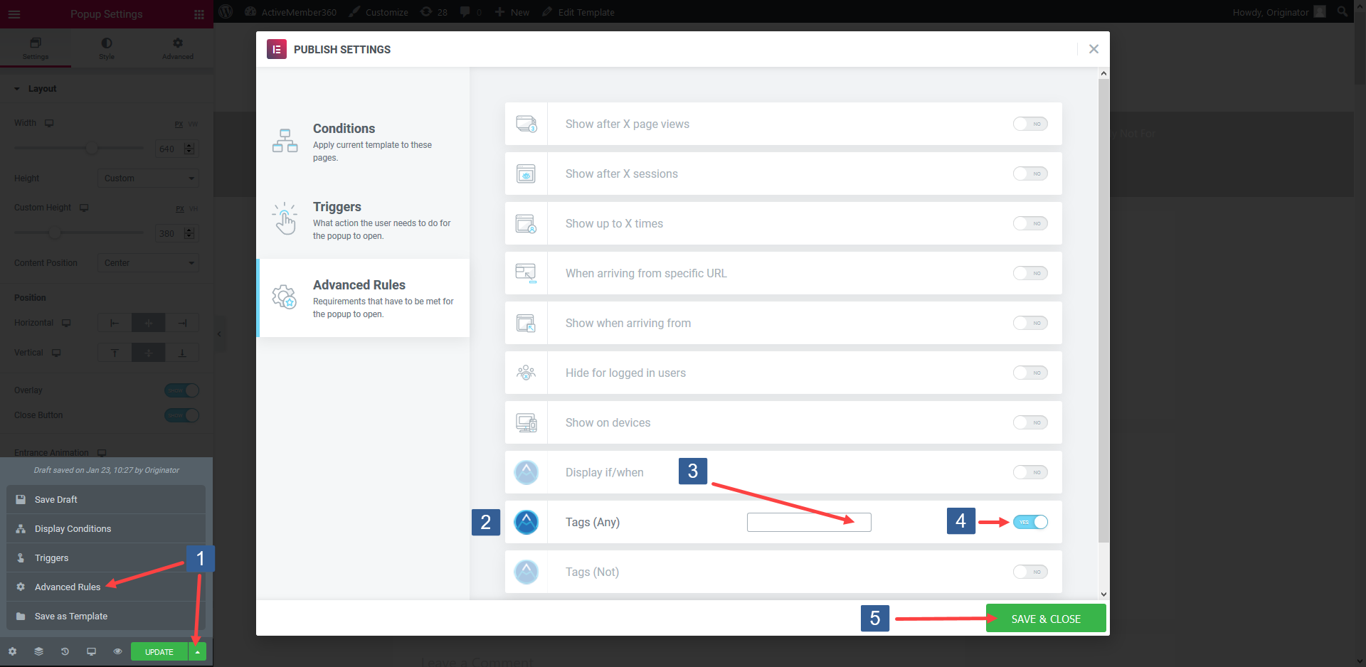 Steps for specifying Elementor Popup display based upon contact having tags