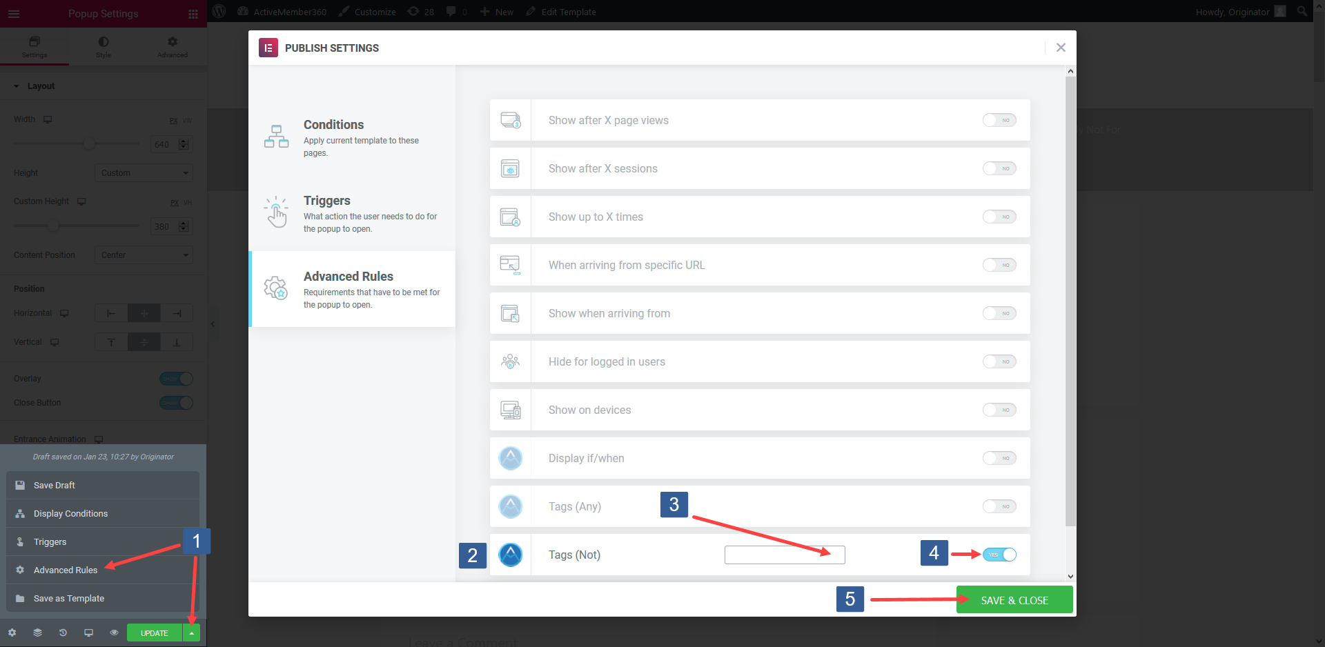 Steps for specifying Elementor Popup display based upon contact not having tags