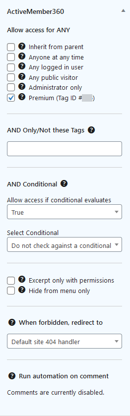 Setting the page ActiveMember360 access conditions