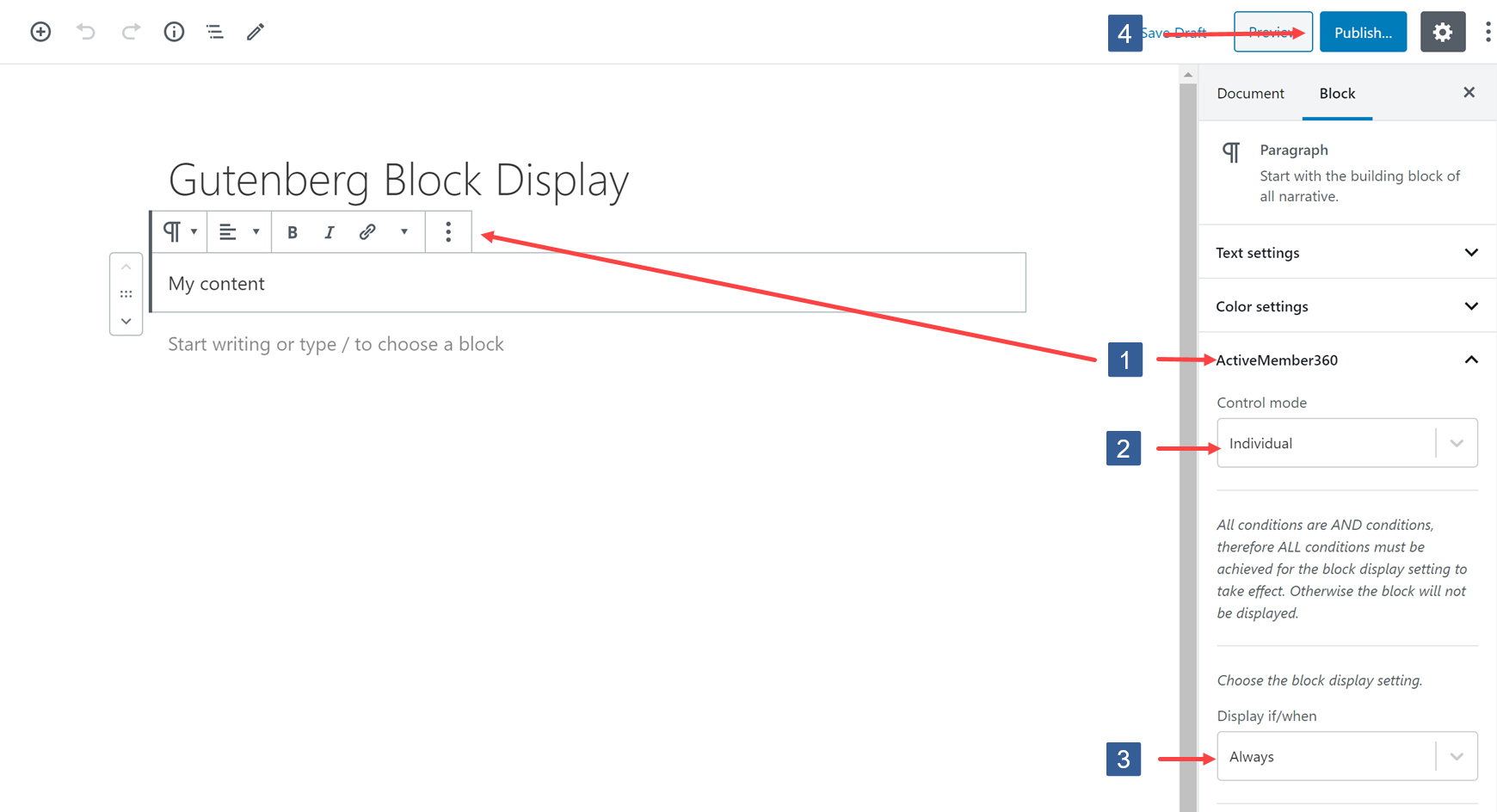 Steps for specifying Block Editor block display settings
