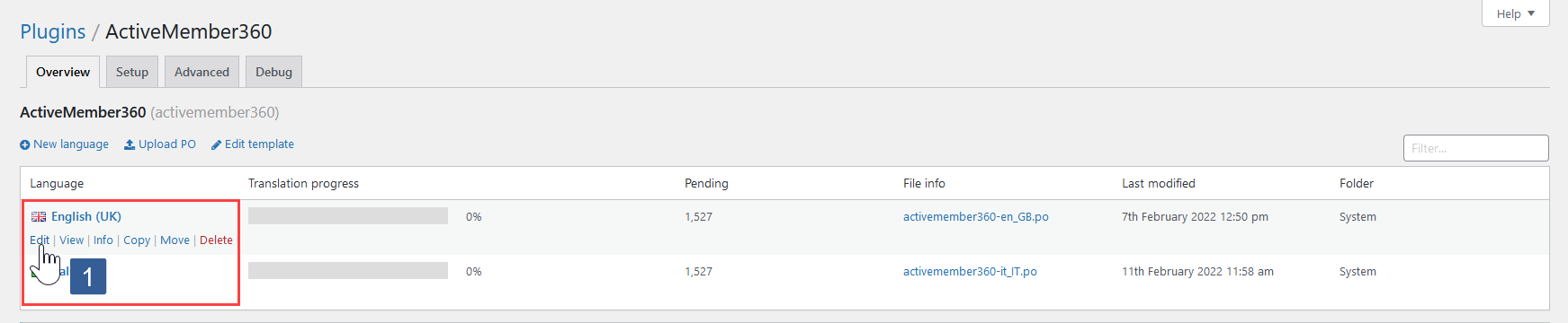 Steps for selecting an existing translation language