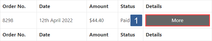 Payment Module order table showing product orders