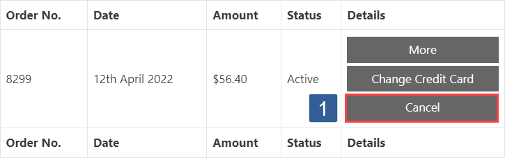Payment Module order table showing subscription cancel button