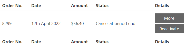 Payment Module order table showing subscription pending cancellation