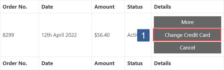 Payment Module order table showing subscription change credit card button