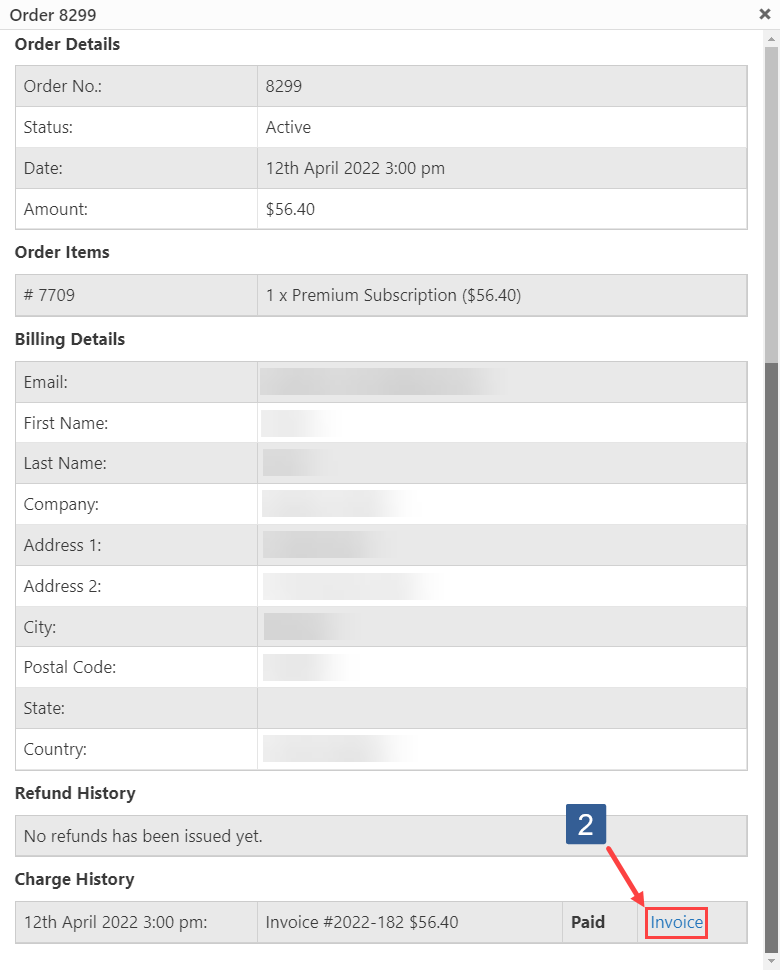 Payment Module subscription order details