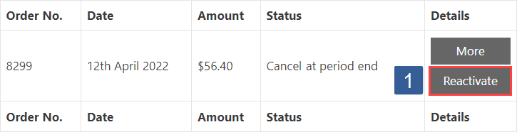 Payment Module order table showing subscription reactivate button