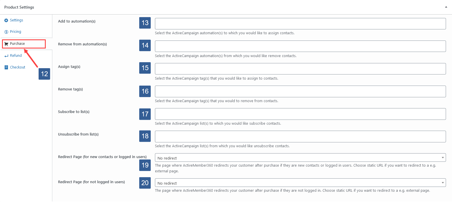 Steps to specify Payment Module product purchase actions