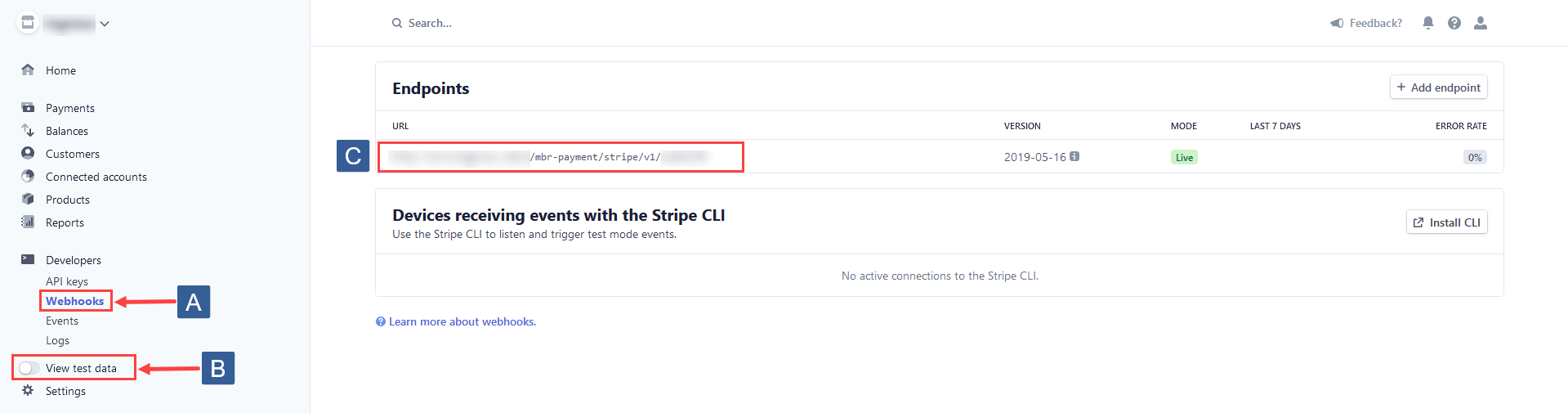 Steps for accessing the Stripe live endpoint settings