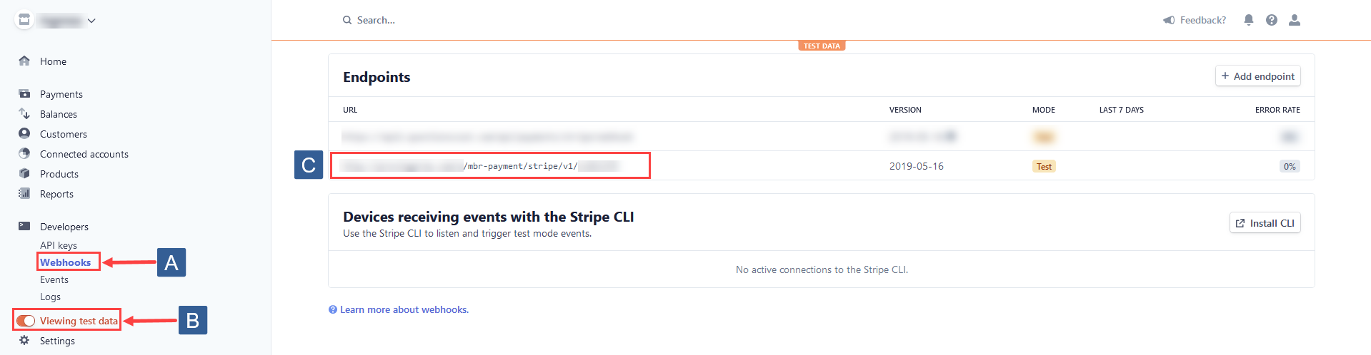Steps for accessing the Stripe test endpoint settings