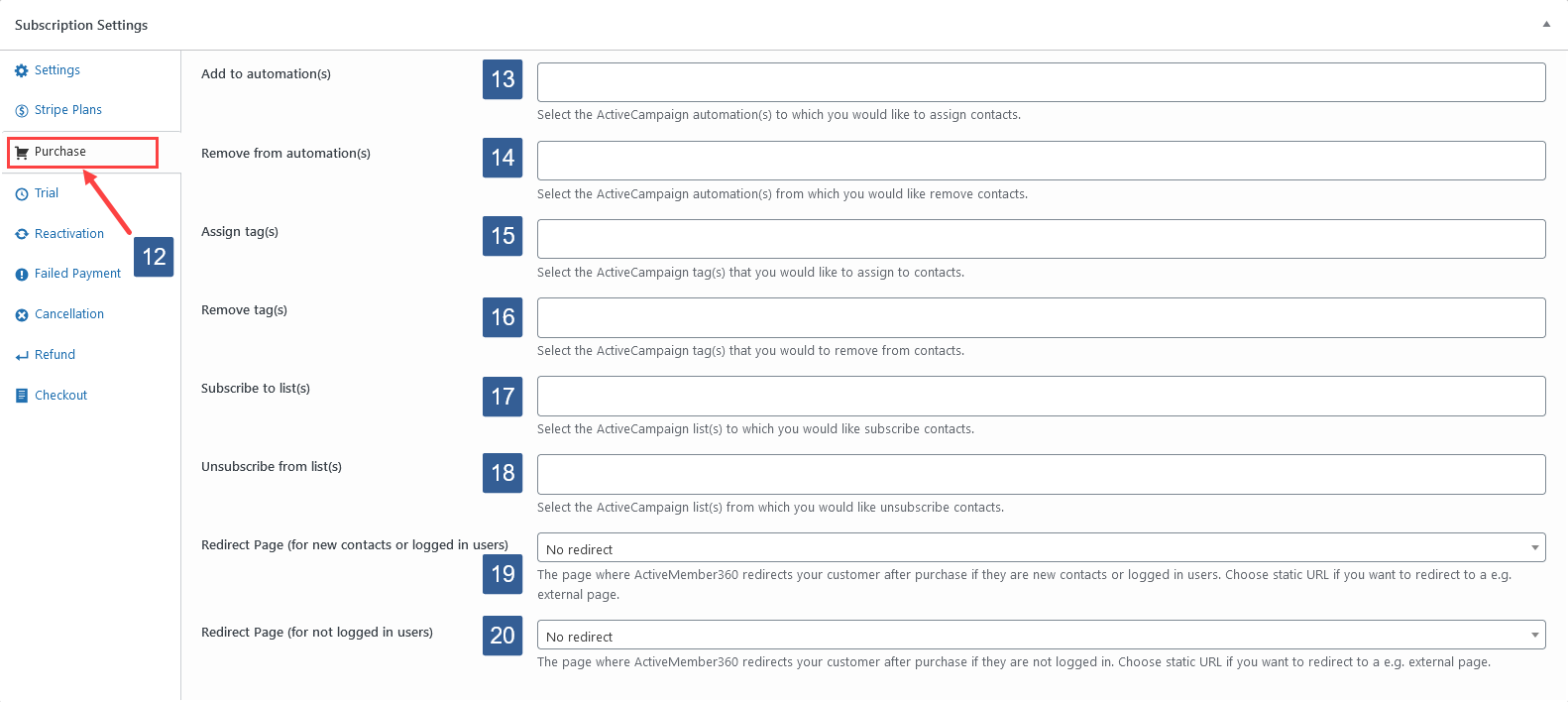 Steps to specify Payment Module subscription purchase actions