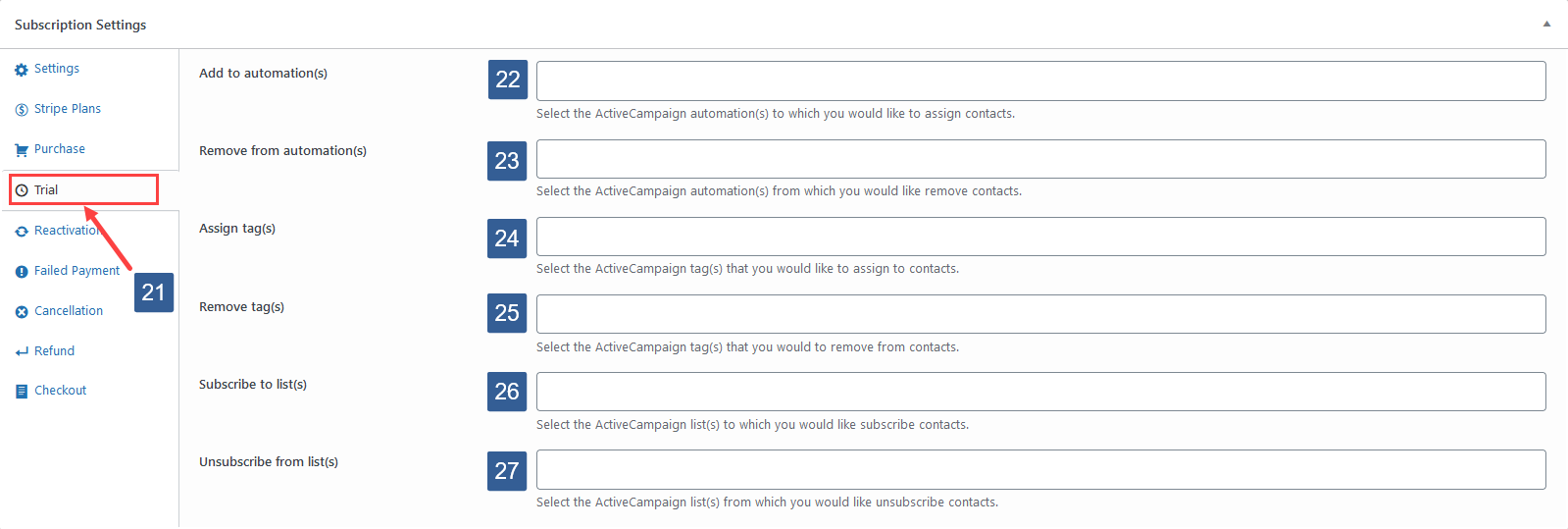 Steps to specify Payment Module subscription trial actions