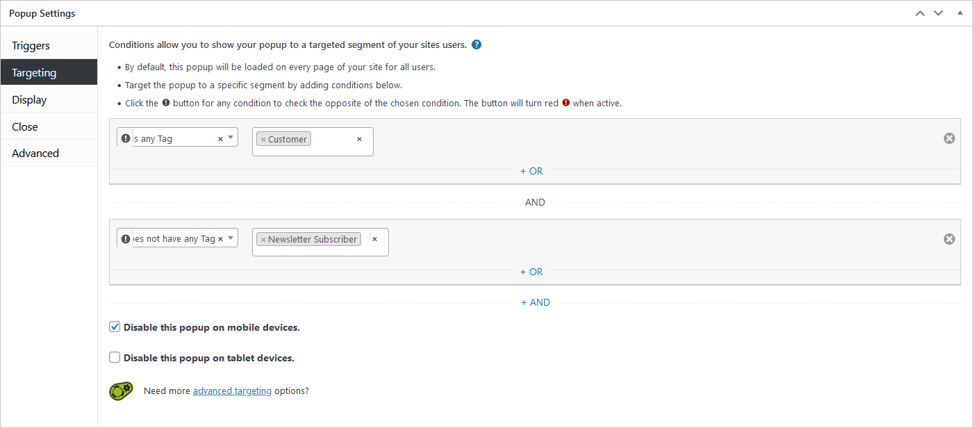 Popup Maker Popup Targeting Conditions Example 1