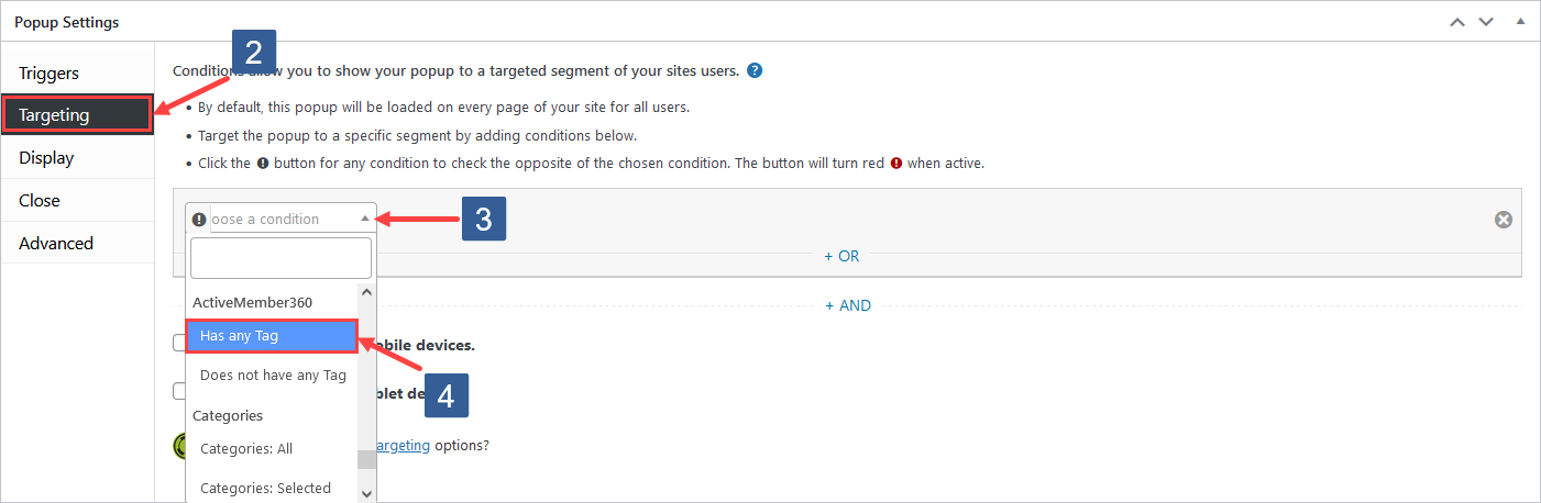 Steps to specify the Popup targeting conditions based upon ActiveCampaign contact tag/tags