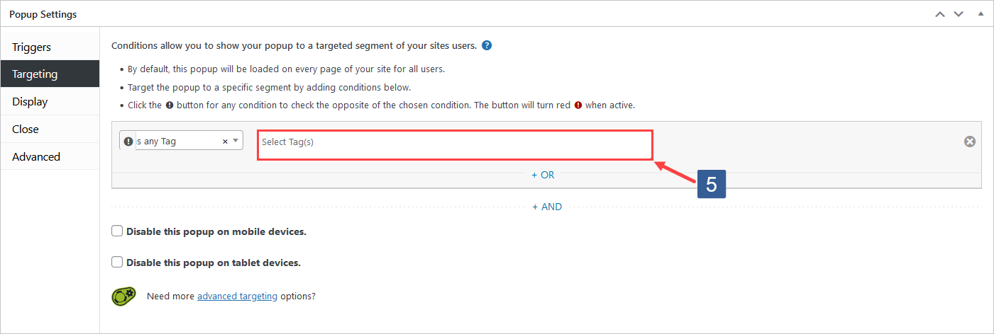 Steps to select the Popup targeting conditions ActiveCampaign contact tag/tags