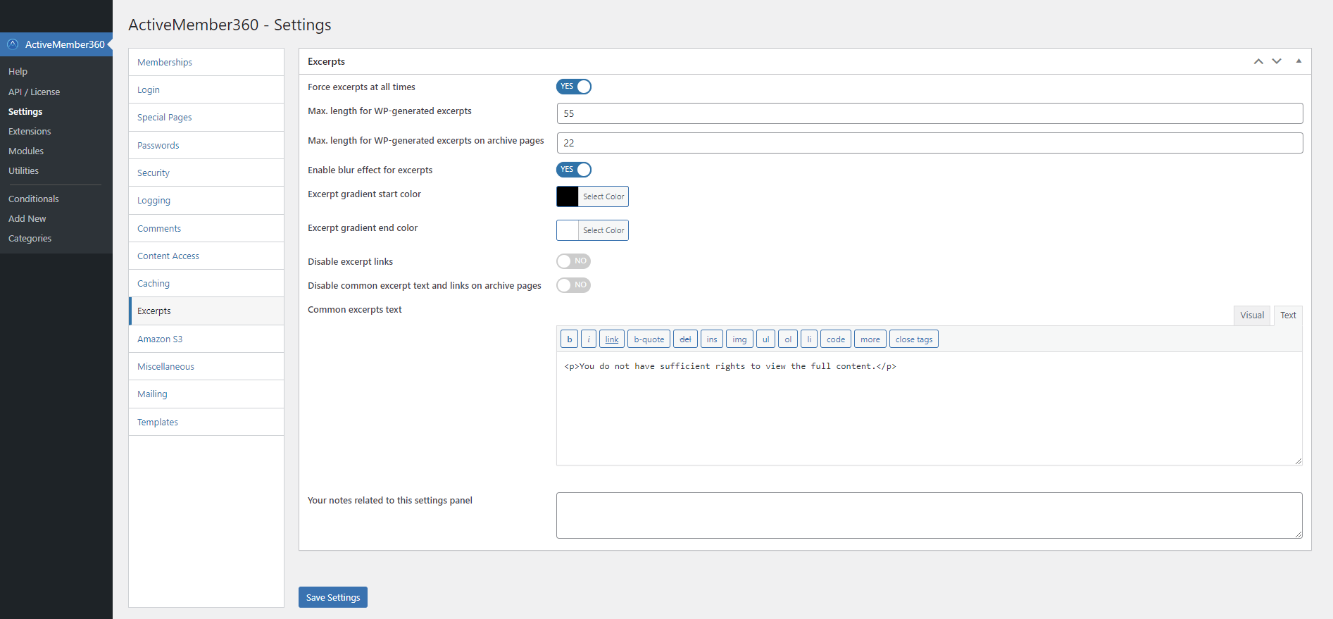 Configure the ActiveMember360 Excerpts settings