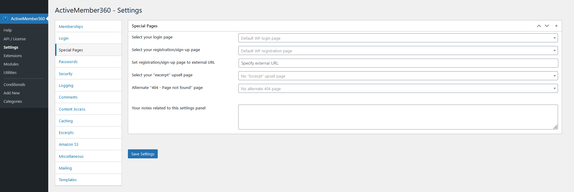 Configure the ActiveMember360 Special Pages settings