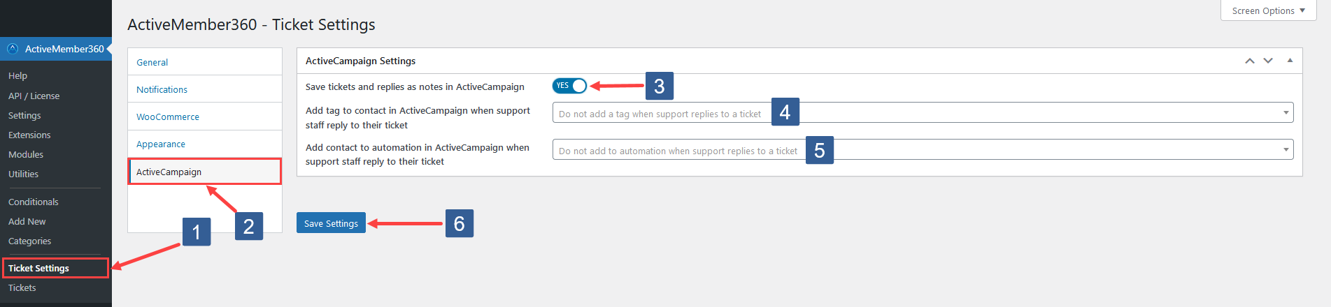 Steps to configure ActiveCampaign settings for the ActiveMember360 Ticket System Module
