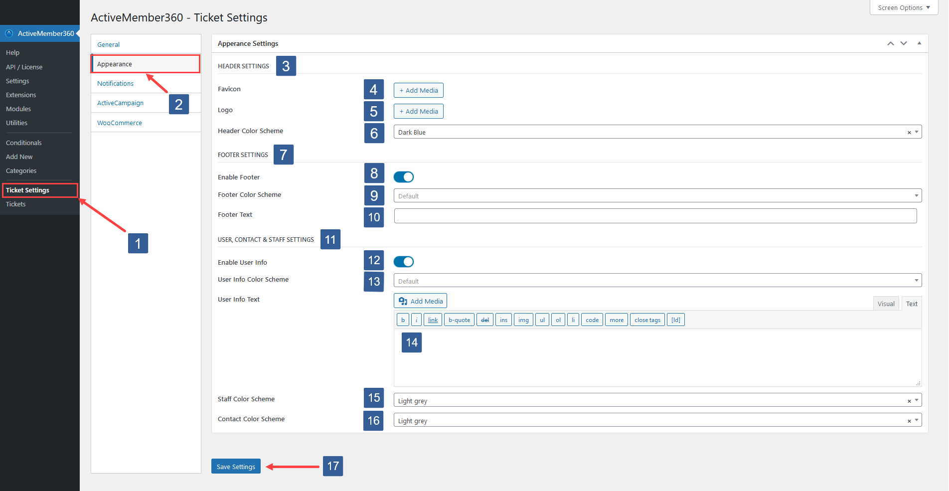Steps to configure the appearance settings of the Ticket System Module