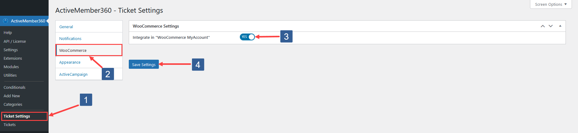 Steps to configure WooCommerce settings for the ActiveMember360 Ticket System Module