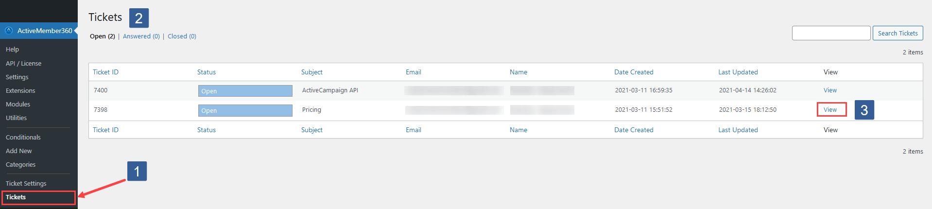 Tickets listing for Ticket System module