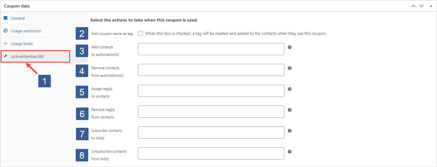 Steps for specifying ActiveMember360 WooCommerce coupon usage settings