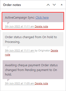 Example of WooCommerce order notes showing ActiveCampaign Sync