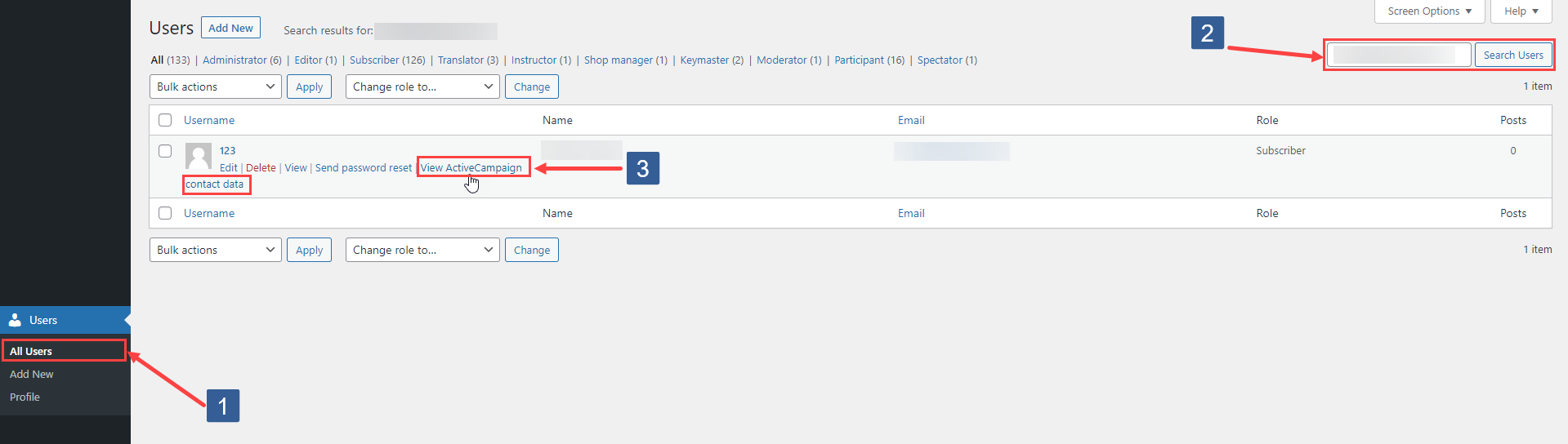 Steps for viewing WordPress user ActiveCampaign contact data